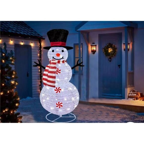 4FT Lighted Ribbed Cloth Snowman Christmas Decorations with Plug-in Power Supply